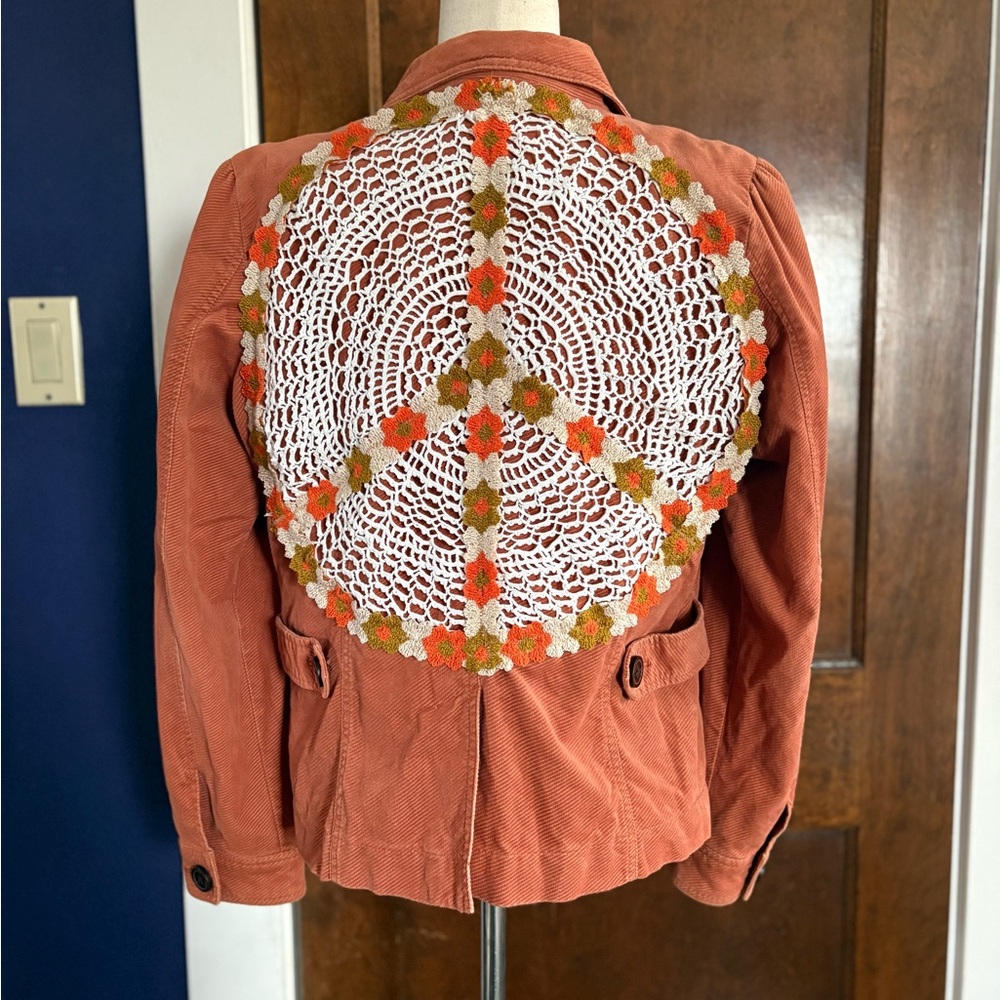 VTG GAP Custom Rust Orange Corduroy Jacket with Crocheted Peace Sign Back